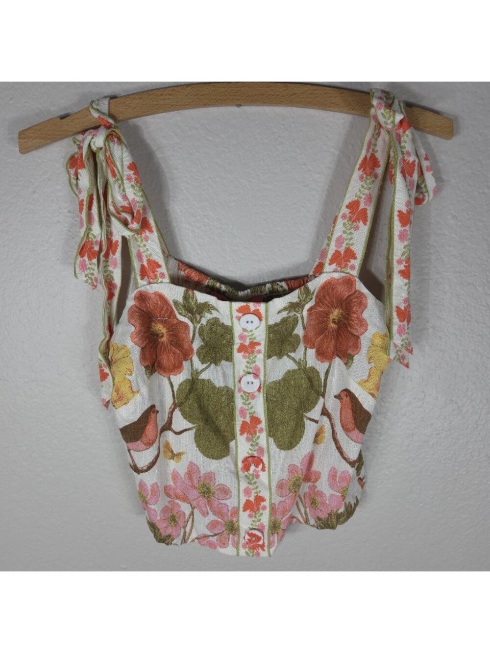 Rose + Olive Resort Multicolor Button Up Crop Top Floral XS Tie Strap Sleeveless